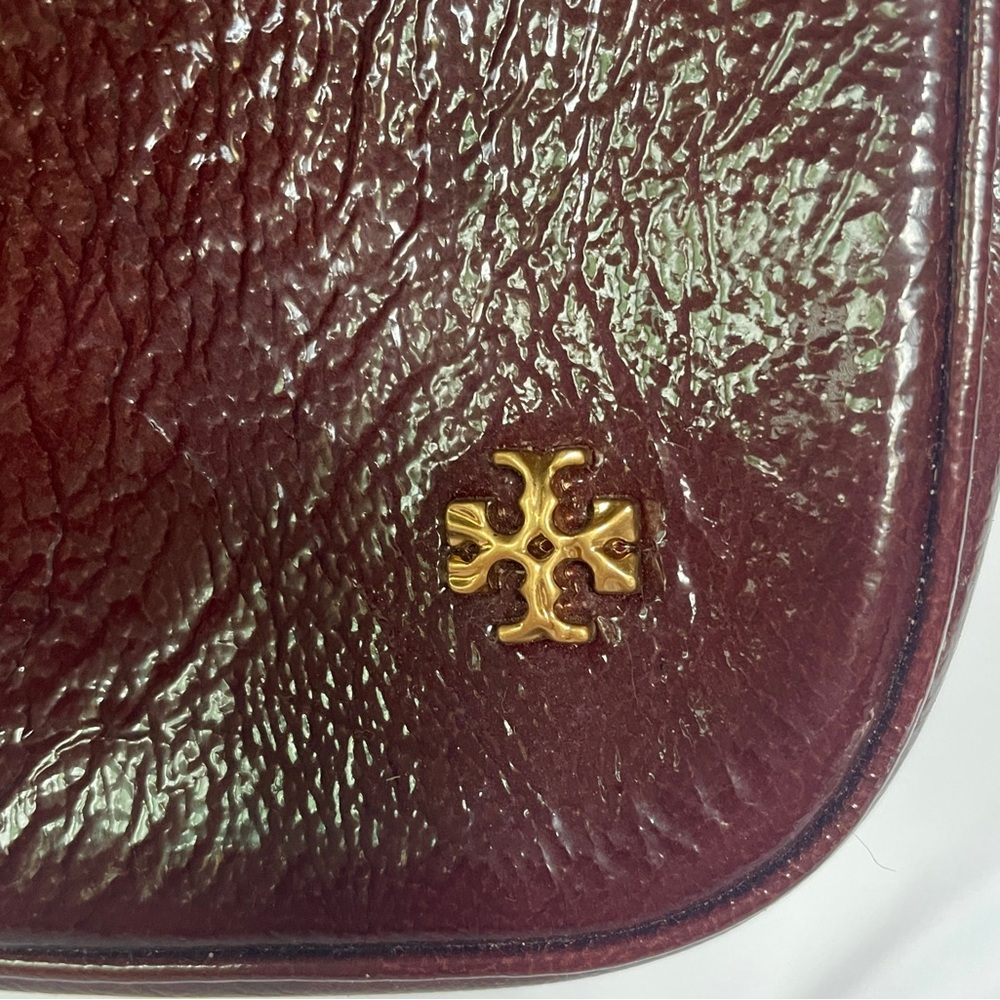 Tory Burch Patent Leather Handbag with Gold Accent in gorgeous Port color